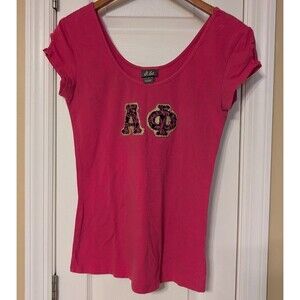 Y2K Dots Hot Pink Alpha Phi Greek Letter Top Gold Glitter Patch Scoop Neck